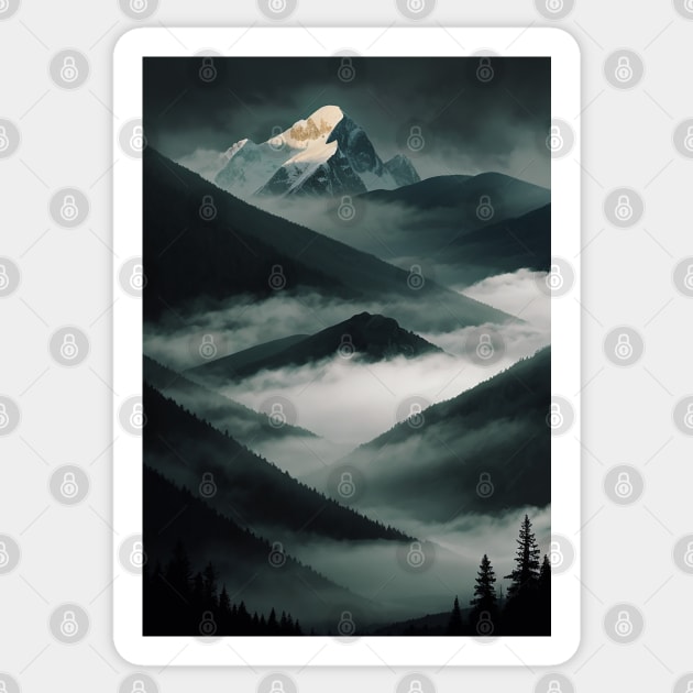 Mountainous Gray Scale Valley With Mist Sticker by CursedContent